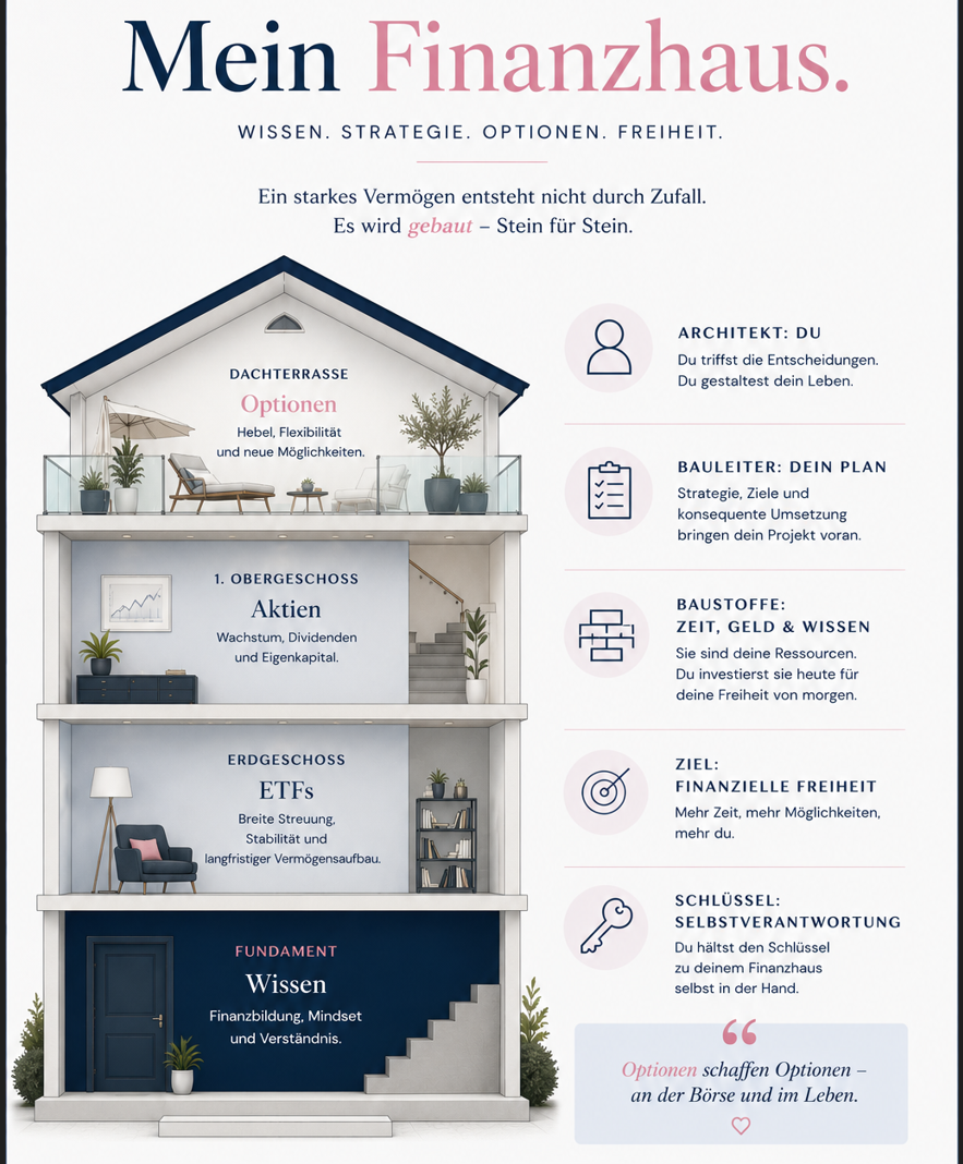 Das Optionista-Finanzhaus mit Wissen als Fundament, ETFs im Erdgeschoss, Aktien im Obergeschoss und Optionen auf der Dachterrasse